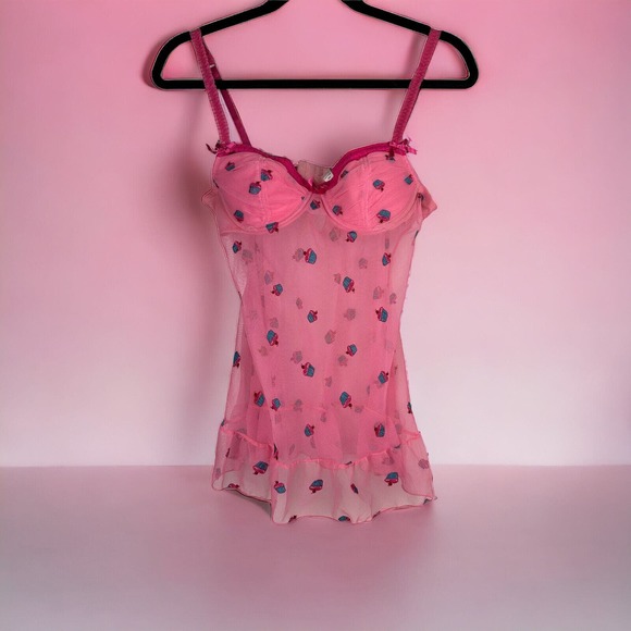 Victoria’s Secret Lingerie Chemise Pink Cupcakes Sheer Babydoll 34B Valentine - Picture 12 of 12